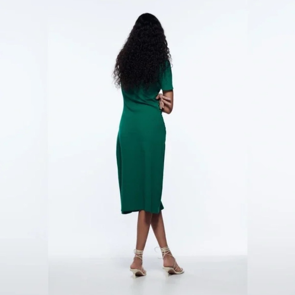 ZARA Green Dress with side Ruching XL - Picture 4 of 11